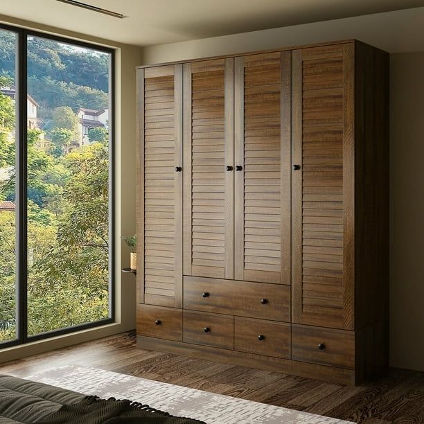 Wardrobe Armorie with Shutter Door, Closet Storage Cabinet and 5 Drawers and Hanging Rod for Bedroom, Walnut
