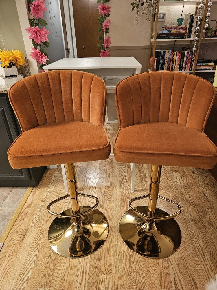 Orange Velvet Adjustable Bar Stools