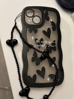 New iPhone 15 Case – Black with Hearts and Strap  