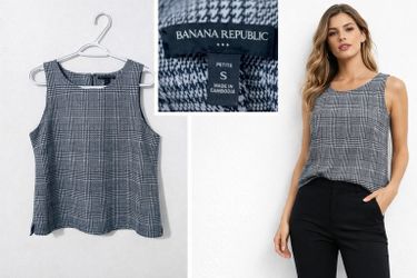 Blusa Banana Republic cuadros gris petite S elegante
