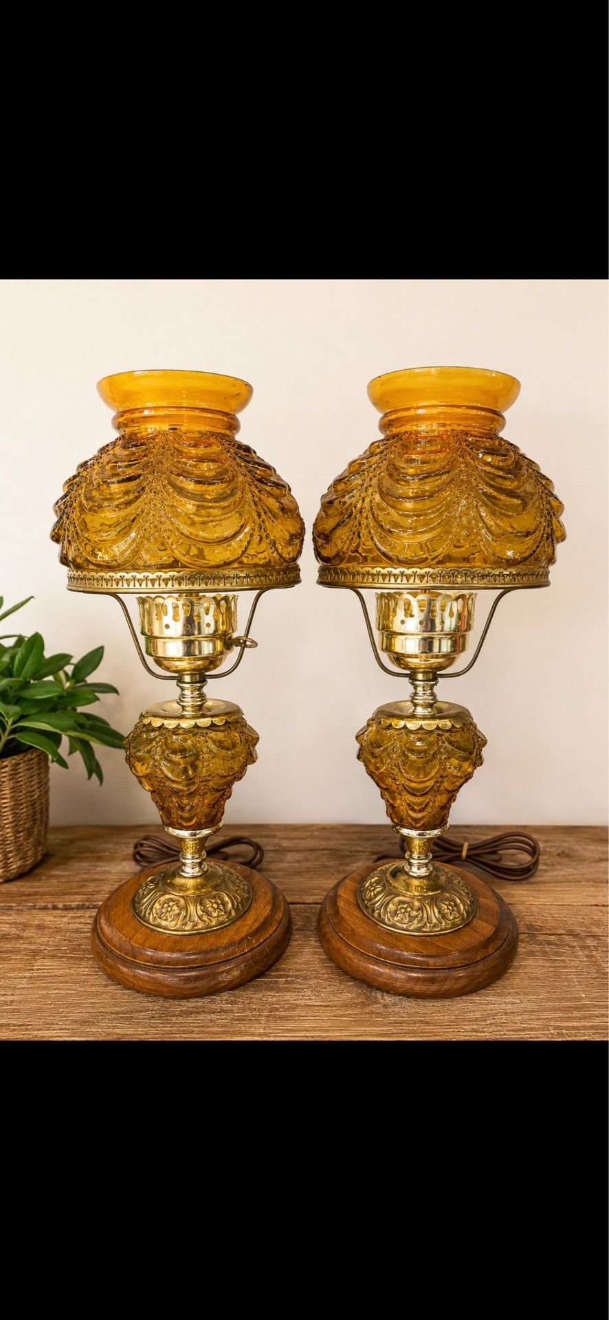 Vintage Amber Glass Hurricane Lamps – Matching Pair