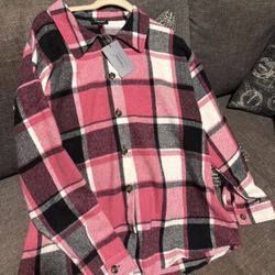 Brand New With Tags PINK & BLACK PLAID FLANNEL SHACKET Size Large, Relaxed Fit, Shirt + Jacket = Shacket,
