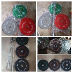 Curl bar $65, Olympic bar $99, bumper plates $1.49 lbs