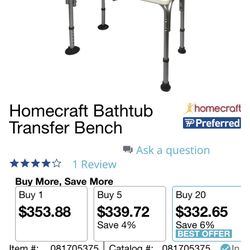 Homecraft Bath Tub Transfer Bench With Backrest- New 