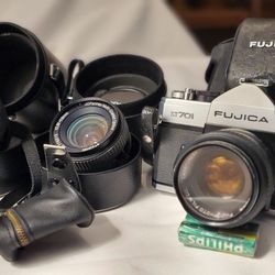 Fujica ST701 35mm SLR Camera. Ricoh Rikenon 135mm Len, J.c. Penney Multi 55mm, Lens