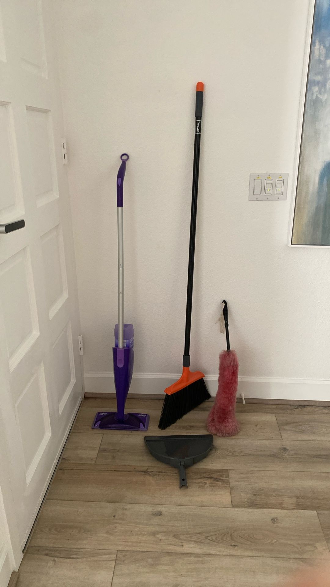 Cleaning Supplies | Swiffer mop, broom + dust pan, duster