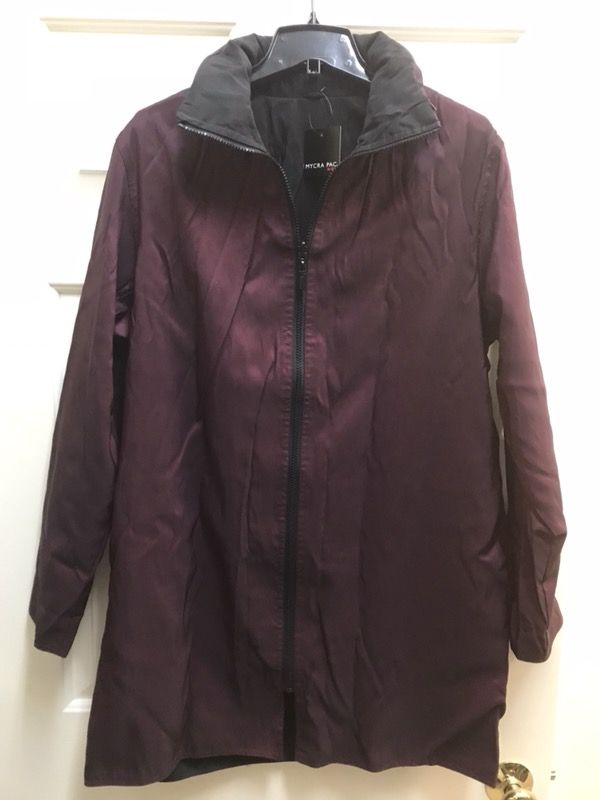 Women’s travel raincoat that folds into separate handbag