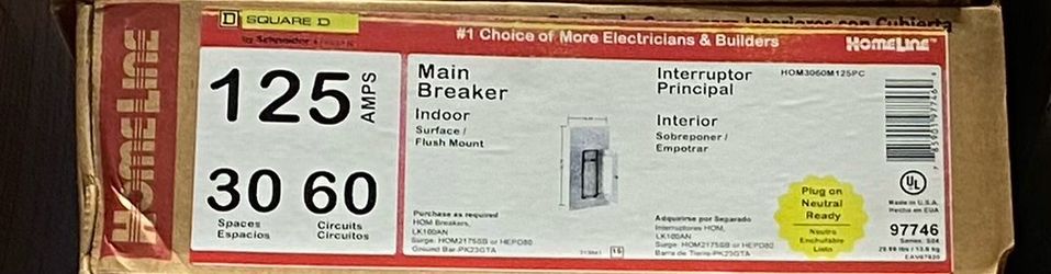 Square D HOM3060M125pc 125 Amp 30-Space 60-Circuit Indoor Main Breaker Plug-On Neutral Load Center with Cover