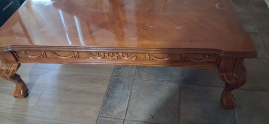 Carved Wood Coffee Table with Claw Feet