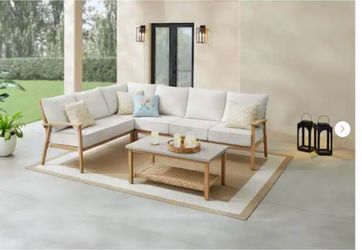 5 Piece Wicker Patio Sectional Set – Almond Cushions