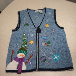 White Stag Plus size 16W blue zip front Christmas sweater vest Snowman Knit