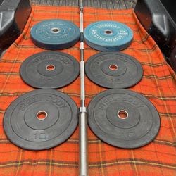 7 FOOT / 45 POUND  OLYMPIC BAR & BUMPER PLATES  (PAIRS OF)  : 45s  &  (FOUR)  : 10s