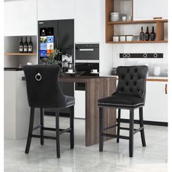 Modern Velvet Upholstered Bar Stools Set of 2 with Wood Legs, Button Tufted,Chrome Nailhead, Counterstool Seat, Armless Bar Chairs (Black)