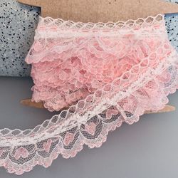 4 Yds of 1 1/2” Gathered Pink & White Heart Lace #041424A16