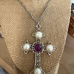 Cadena Stainlend Dije Cruz Piedra Perlas 