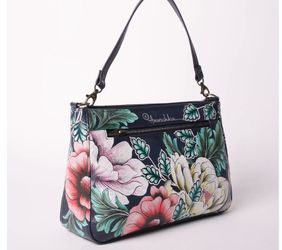 Anuschka Hand-Painted Leather Shoulder Bag Evening Floral
