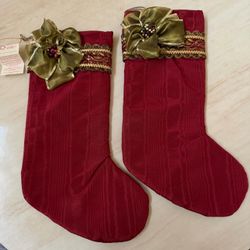 Vintage Joi Ellis Victorian Christmas Mantle Stockings Pair Red Gold 17”