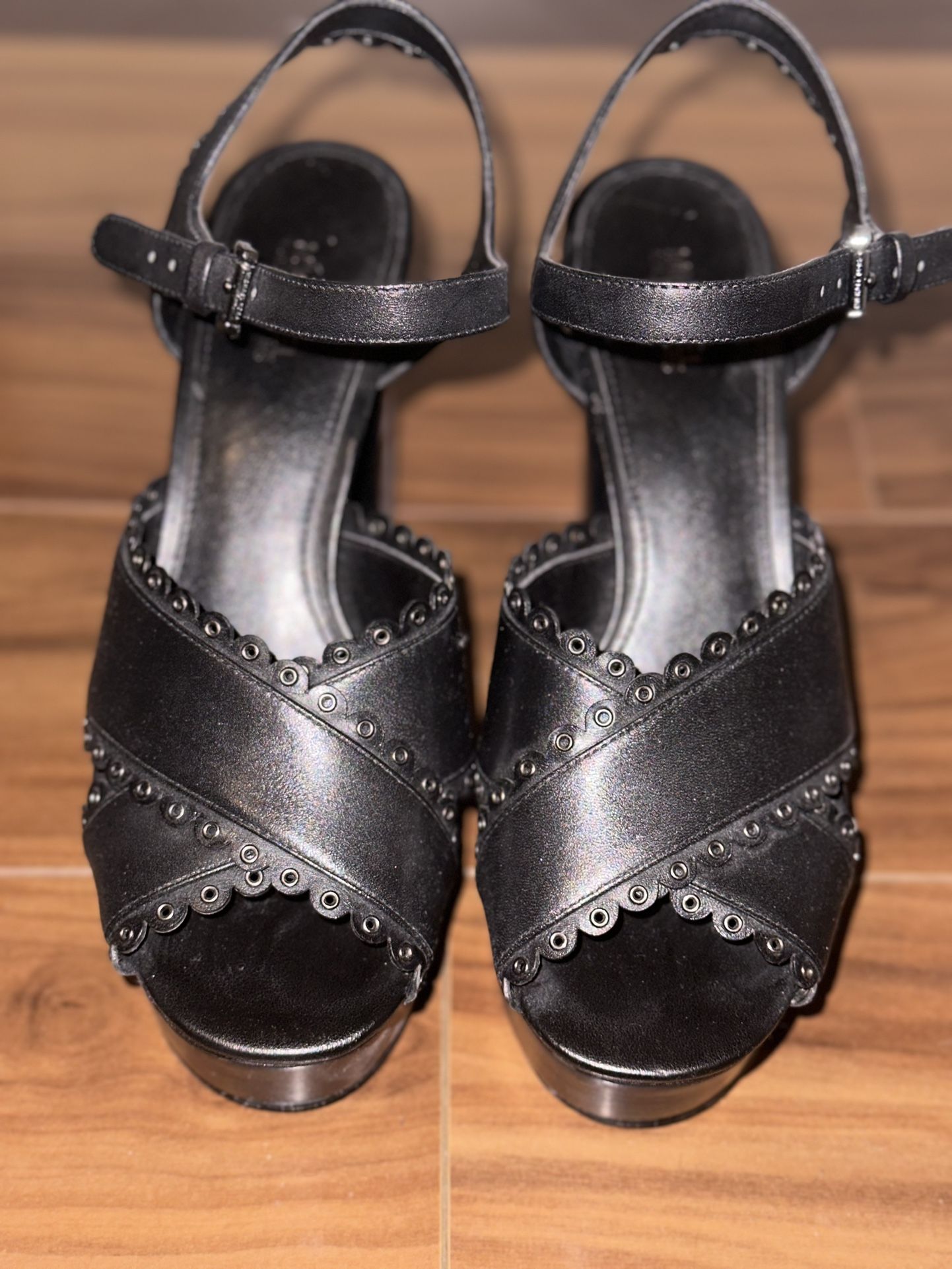 Michael Kors Women Sandals Black Platform High Heels Shoes Leather