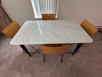 55” Sintered Stone Dining Table + 4 Wooden Chairs — Gloss Snow White