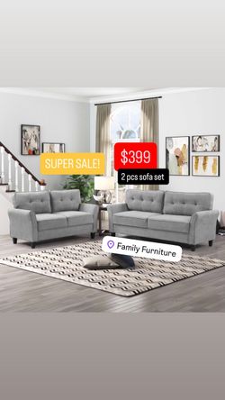 2-Piece Gray Tufted Sofa and Loveseat Set