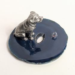 Pewter Dog Figurine on Blue Agate Geode Slice w/ Iridescent Crystal Paperweight