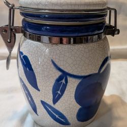 Blue And White Canister/ Jar Locking Lid Ceramic Fruits Design.