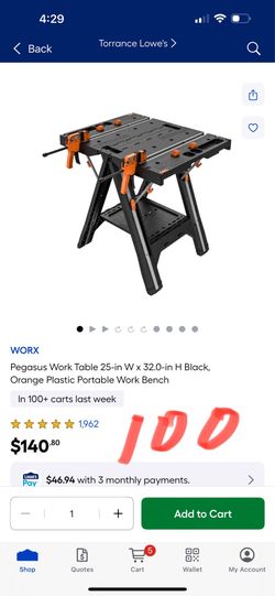 WORX Pegasus Work Table 25-in W x 32.0-in H Black, Orange Plastic Portable Work Bench