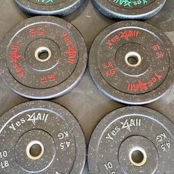 Three pairs of bumper weights at 2515 and a 10 altogether 100 pounds