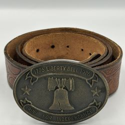 Vintage  Brass Belt Buckle Bicentennial Liberty Bell 1(contact info removed) With Leather Belt