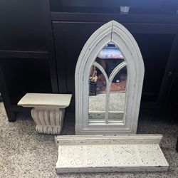 Two Rustic Wall Shelf Displays/Matching Church Mirror