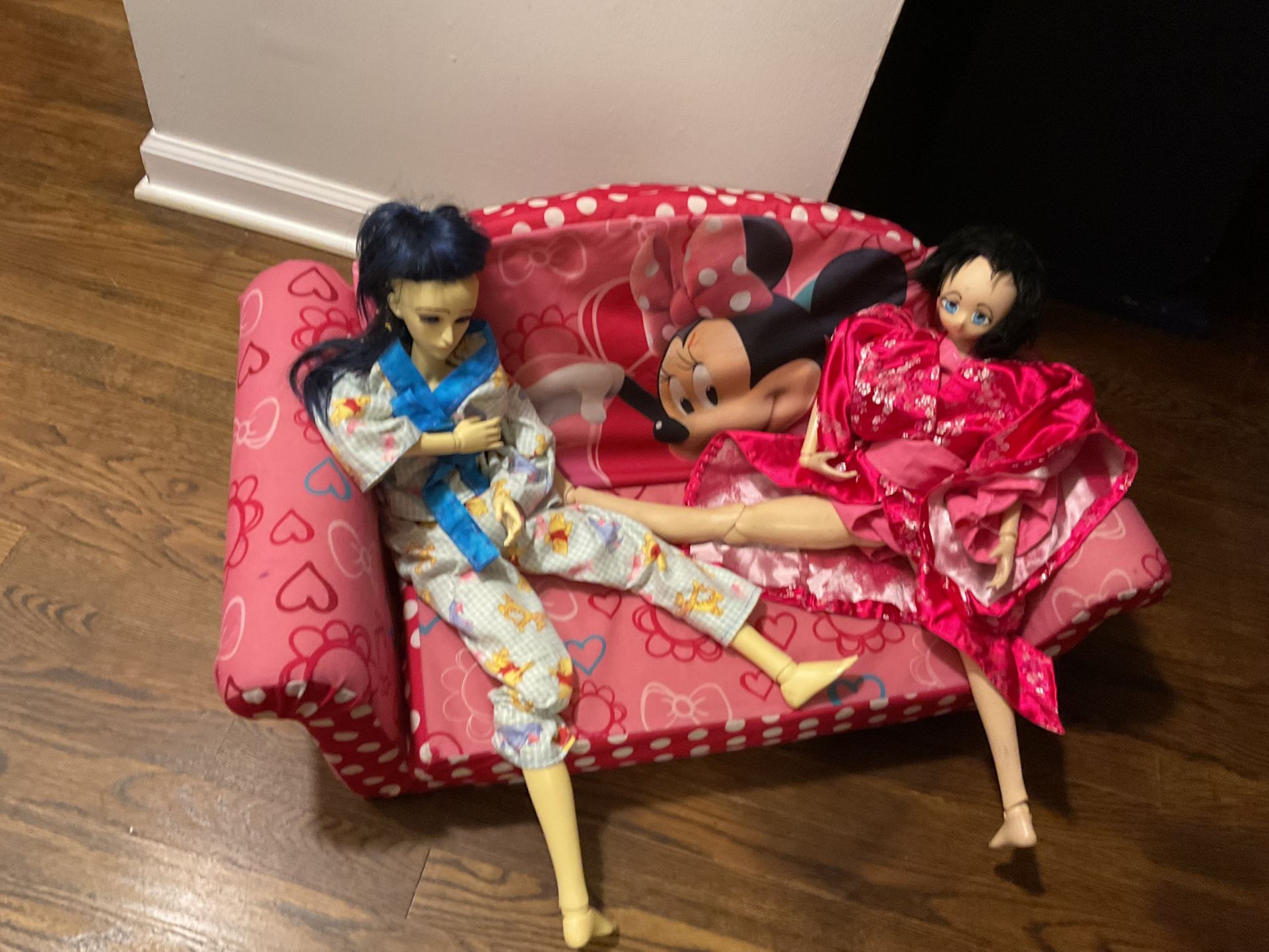 Some Beautiful, Asian Dolls, In Good Conditions, In A Mikey Mouse Sofa