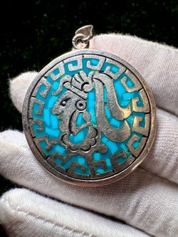 Vintage Mexico Mayan Aztec Warrior Turquoise Inlay Sterling Silver Pin Pendant