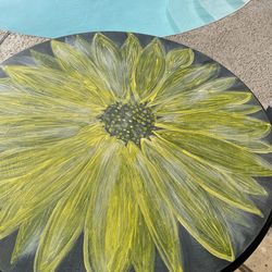 Shabby wood table / iron legs - 42 inches wide/. 30 inches high- no chairs  with round glass for table