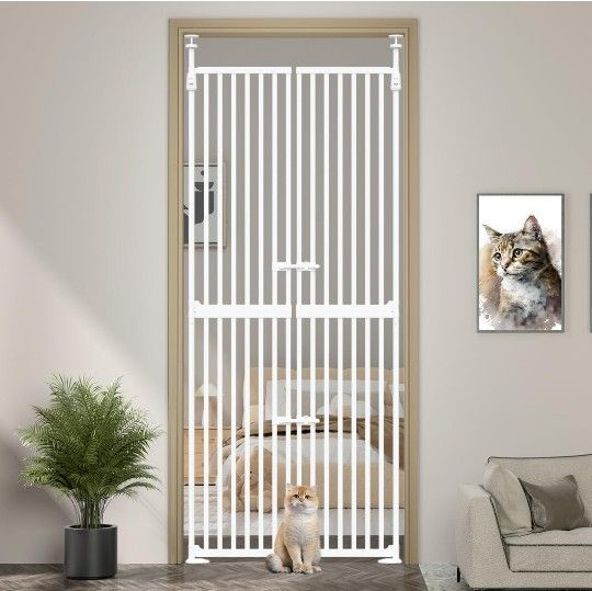 #2545N- 71" High Extra Tall Cat Gate, Tall Pet Gates, Auto Close Kitten Safety Gates, Double Pet Door for Doorway, Indoor Pet Barrier, No Drilling, Ca