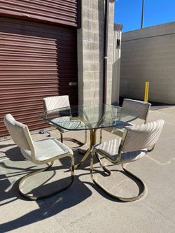 1980s Postmodern Milo Baughan Style Mid Century Brass Cantilever Dining table and chairs