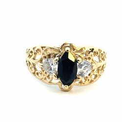 Woman’s Ladies 14k Yellow Gold Marquee Cut Black Stone with CZ Cubic Zirconia Accents Filigree Ring Size 8 GP3132715