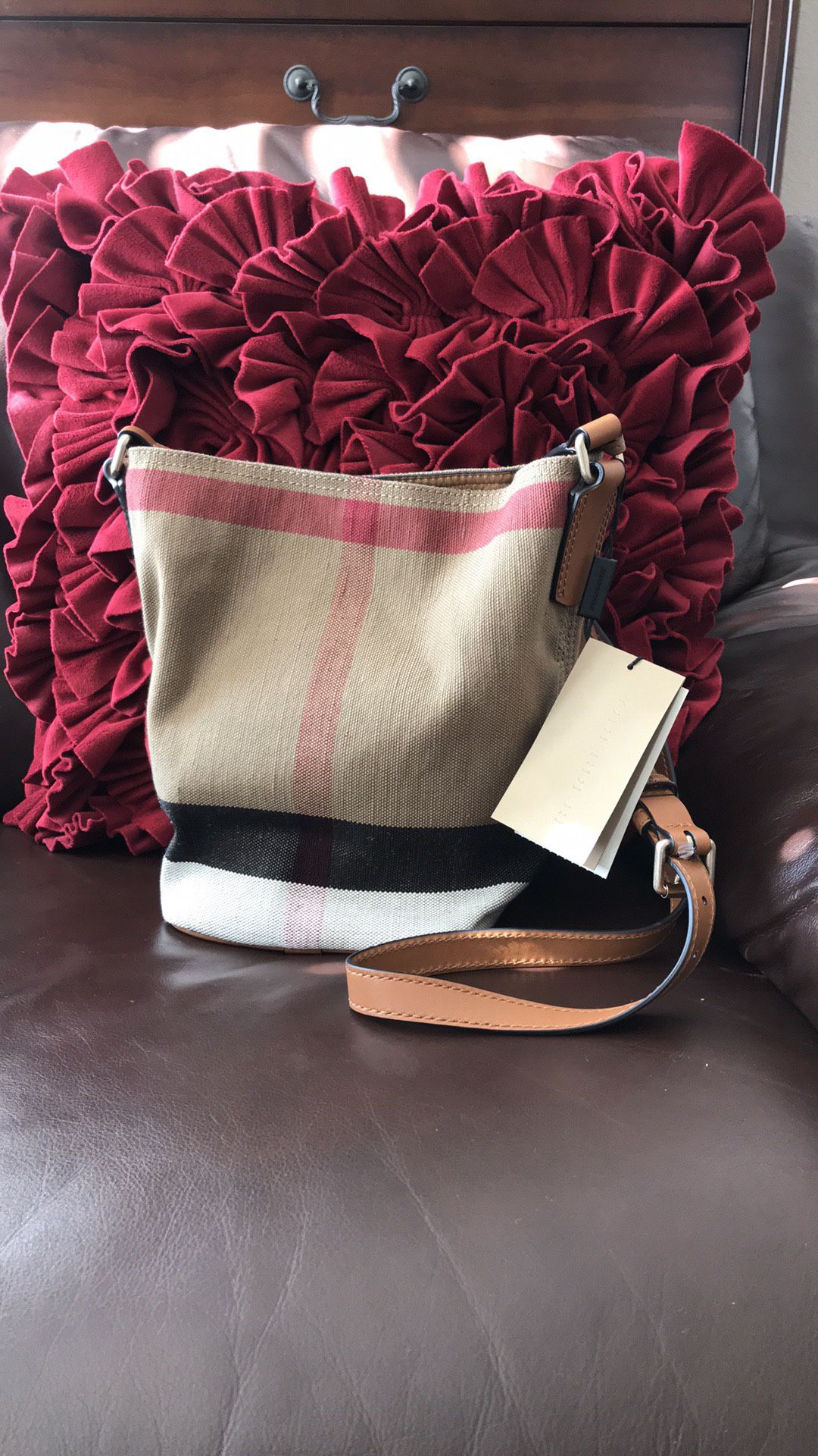 Burberry Mini Ashby Check Saddle Brown Canvas and Leather Cross Body Bag. With dust bag Authentic New and never has been used This bag has pouch,