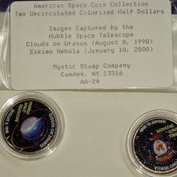 Set of Two Uncirculated, colorized Kennedy half-dollar coins from the American Space Coin Collection. The coins feature images captured by the Hubble 