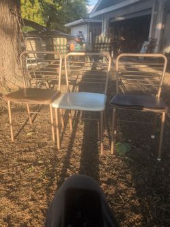 Set Of 3 Vintage Hamilton Cisco Metal Foldingl Chairs With Faux Leather Seats