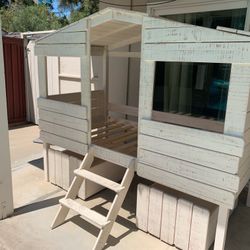 Rustic Sand Twin Tree House Loft Bed with Drawers