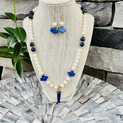 Lapis Lazuli And Pearl Necklace And Earrings Set 