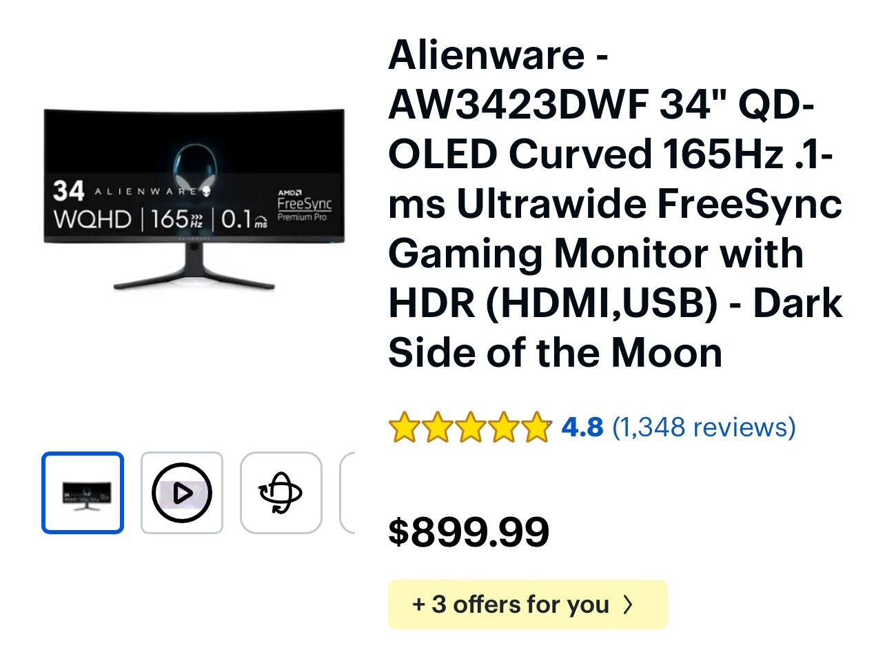 Alienware - AW3423DWF 34" QD-OLED Curved 165Hz .1-ms Ultrawide FreeSync Gaming Monitor with HDR (HDMI,USB)