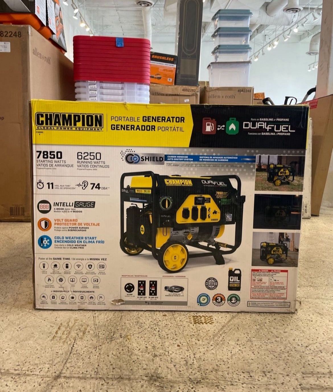 6250-Watt Recoil Start Gas and Propane Powered Dual-Fuel Portable Generator with CO Shield Technology…..100592