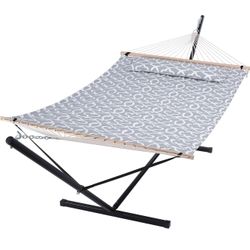 55 Inch Extra Large Double Hammock with Stand, 475lbs Capacity, Outdoor Portable Hammock with Hardwood Spreader Bar, Extra Large Pillow, Grey