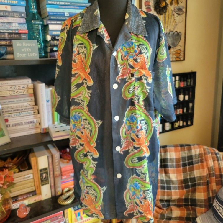 VTG Mens Y2K 90s Button Up Mesh Pineapple Connection Shirt Sz LG Dragons Tigers 