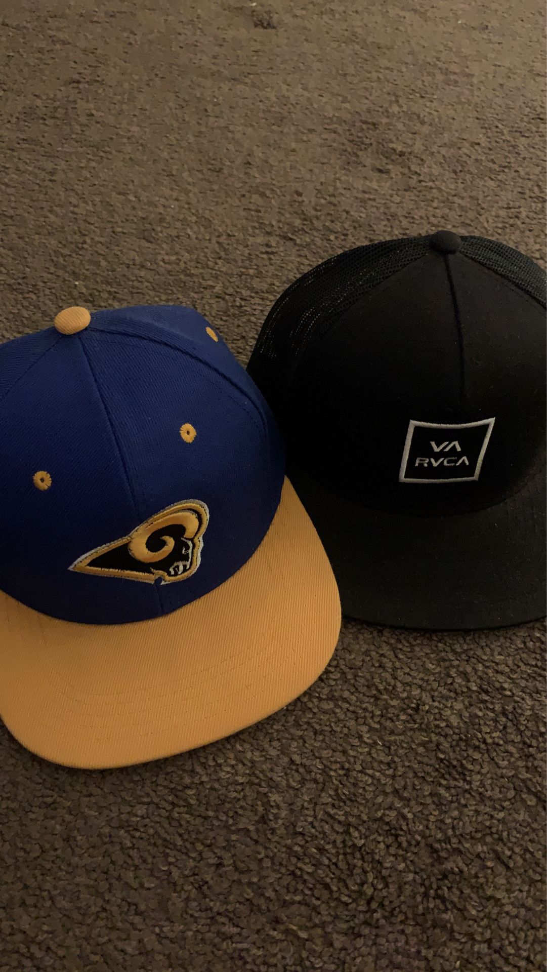 Hats Rams and RVCA SnapBack slightly used. $7 each 2 for $10 OBo