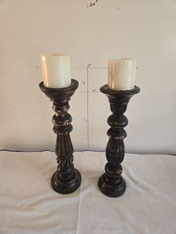 Tall Carved Wood Pillar Candlestick Holders Set of 2
