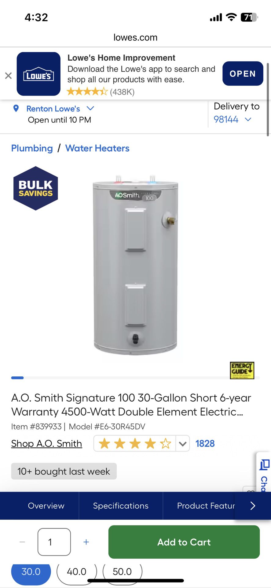 A.O Smith 30gallon Water Heater NEW