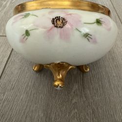 VINTAGE VIENNA AUSTRIA Mulvihill Hand Painted Floral 3 Footed Porcelain Bowl w/ Gold-Gilt