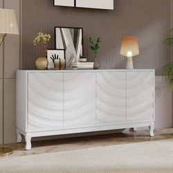 Four Door Sideboard Cabinet with Wavy Pattern Doors and Adjustable Shelves Storage,White